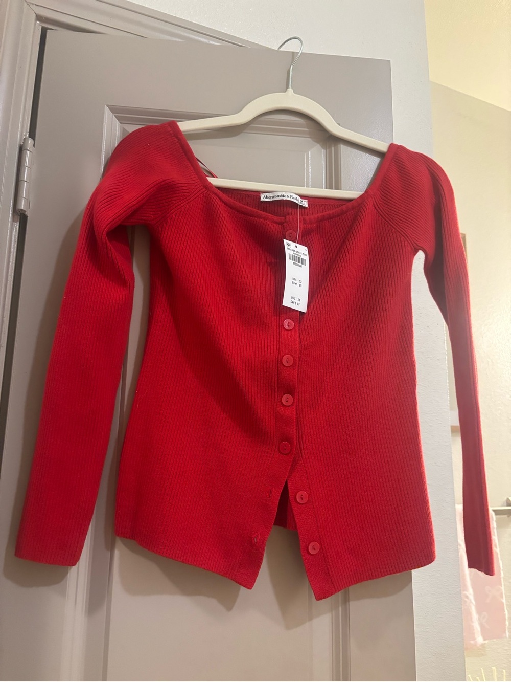 Abercrombie & Fitch' Bright Red Ribbed Button-Down Off The Shoulder Top